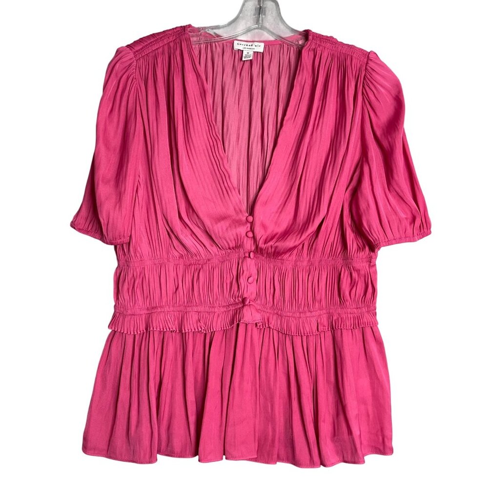 Current Air Pleated Puff Sleeve Top Womens M Pink V‎ Neck Peplum Spring Summer